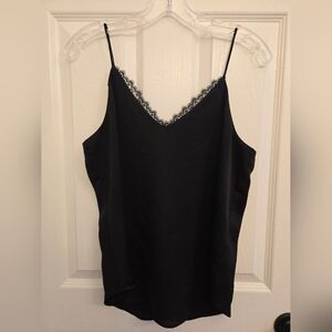 Express Black Satin Cami with Lace Trim Detail, V Neck, Adjustable Straps